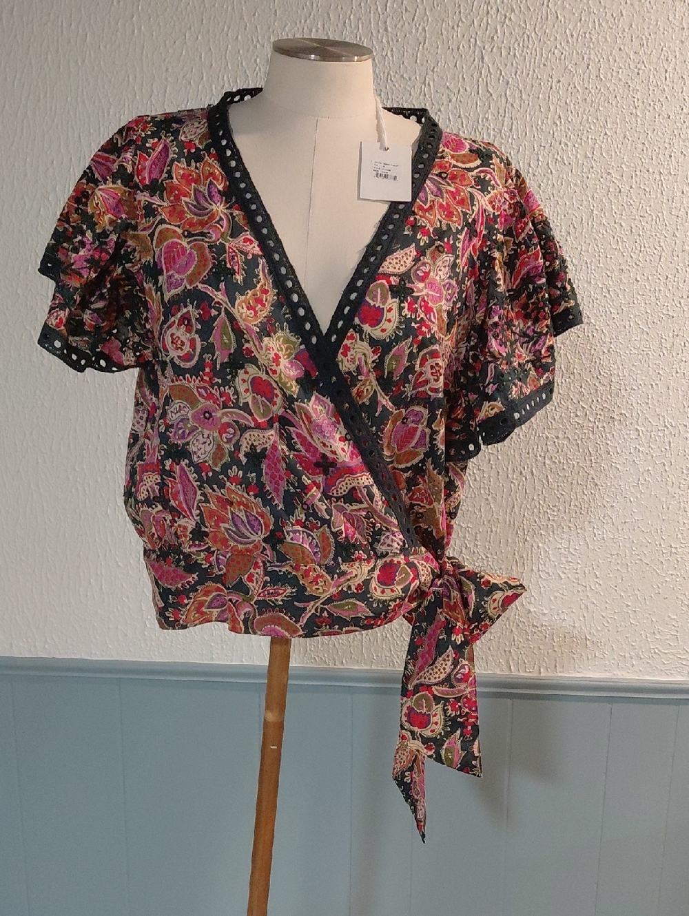 Paisley Wrap Blouse with Tie - Black & Pink